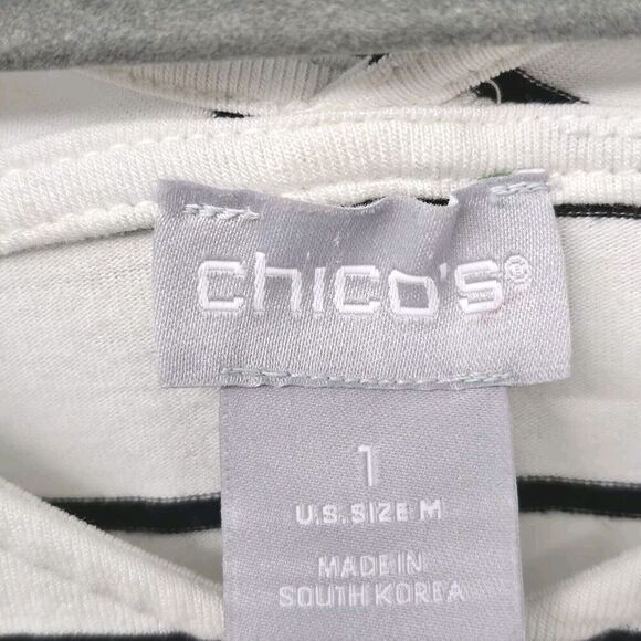 Chico's Striped V-Neck Top 3/4 Sleeve Womens Size 1 M/8 White Black - Picture 3 of 5